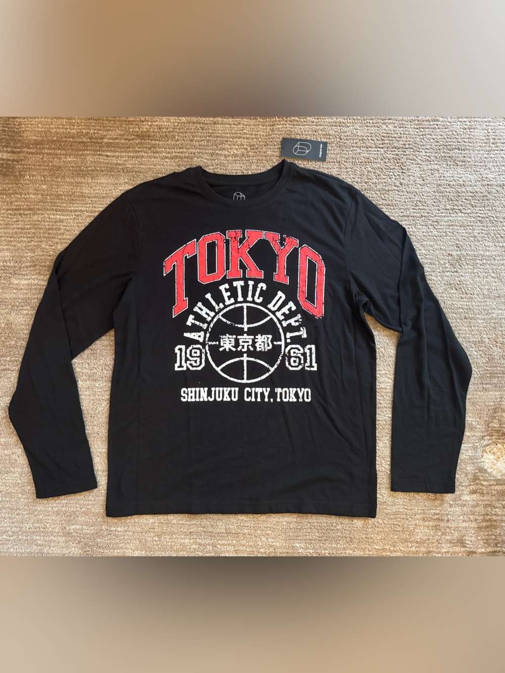 Men’s Medium—Black Long-Sleeve Tokyo Graphic Tee with Red & White Print